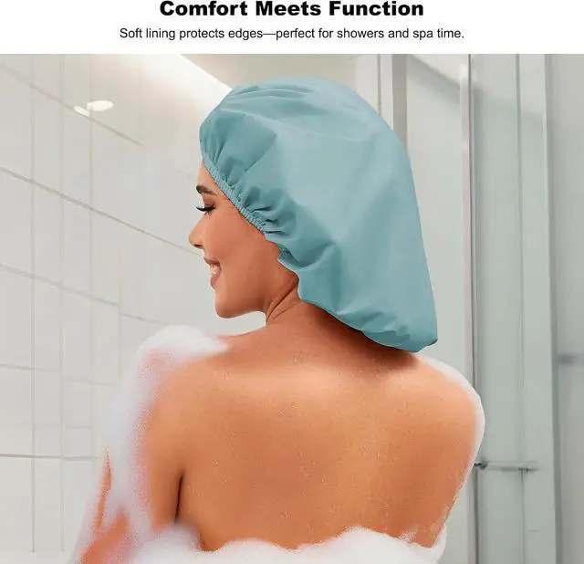 Alt view image 2 of 7 - 2 Pack Shower Caps for Women, Reusable Waterproof Shower Cap with Elastic Band, Thickened Waterproof Fabric Shower Bonnet for Braids, Long Hair