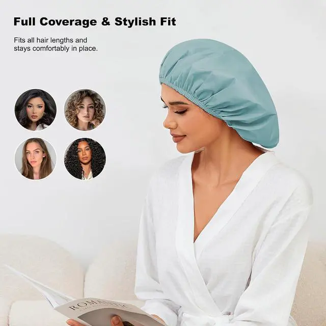 Alt view image 4 of 7 - 2 Pack Shower Caps for Women, Reusable Waterproof Shower Cap with Elastic Band, Thickened Waterproof Fabric Shower Bonnet for Braids, Long Hair