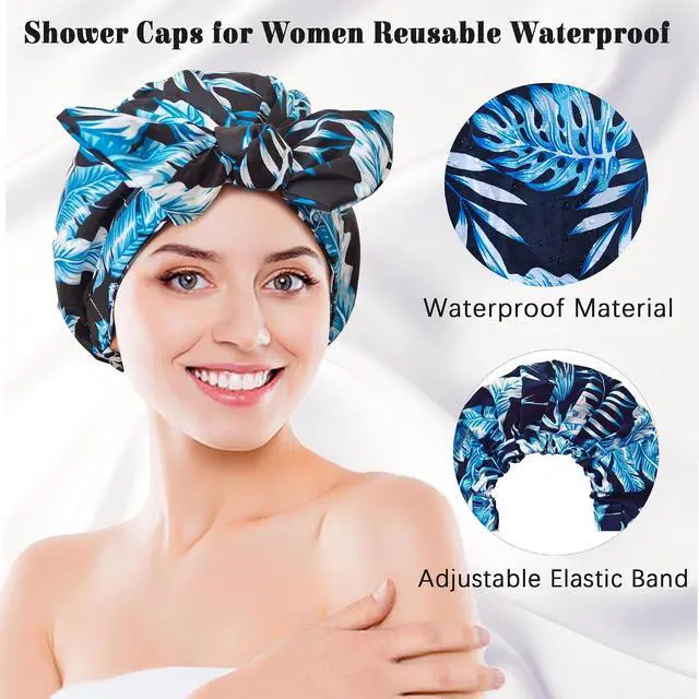 Alt view image 2 of 6 - vidsel Luxury Cute Shower Caps for Women Reusable Waterproof, Bow Bath Cap