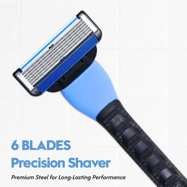 Alt view image 2 of 7 - 6-Blade Men's Razor, Shaving Kit with 9 Refills, Blue