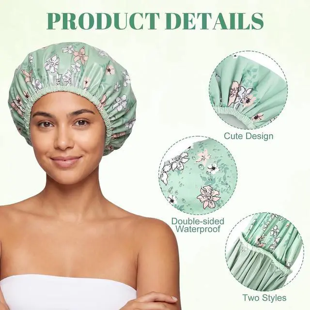 Alt view image 3 of 6 - Double-Sided Shower Cap For Women, Reusable Waterproof Bath Cap, Floral