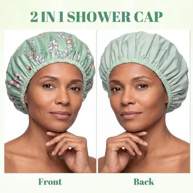 Alt view image 4 of 6 - Double-Sided Shower Cap For Women, Reusable Waterproof Bath Cap, Floral