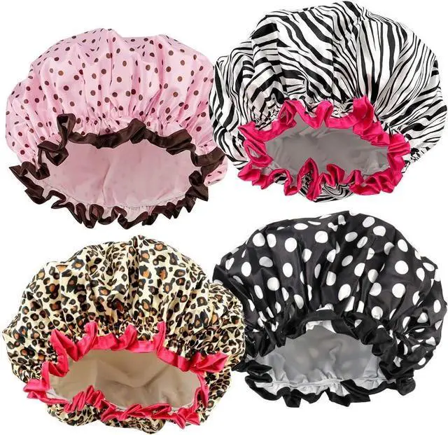 Main image of 4 Pcs Shower Cap for Women Double Waterproof Layers Reusable Elastic