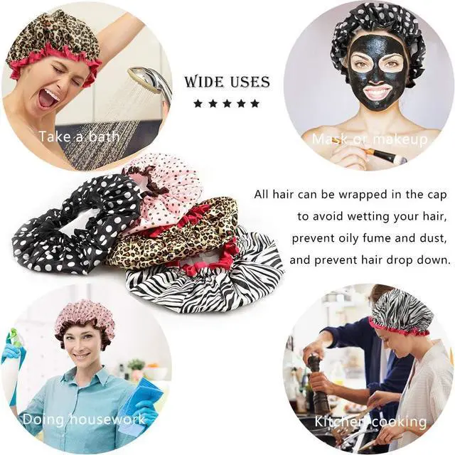 Alt view image 6 of 7 - 4 Pcs Shower Cap for Women Double Waterproof Layers Reusable Elastic