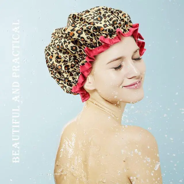 Alt view image 7 of 7 - 4 Pcs Shower Cap for Women Double Waterproof Layers Reusable Elastic