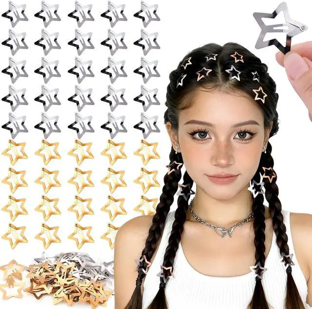 Main image of 50 PCS Gold Silver Star Hair Clips Barrettes, 1.18 Inch Snap Y2K Hair Clips