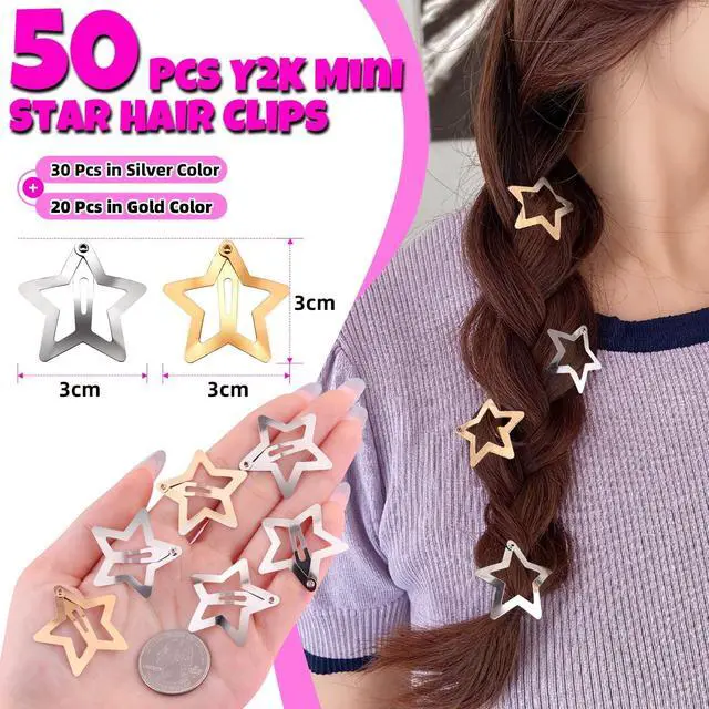 Alt view image 2 of 7 - 50 PCS Gold Silver Star Hair Clips Barrettes, 1.18 Inch Snap Y2K Hair Clips