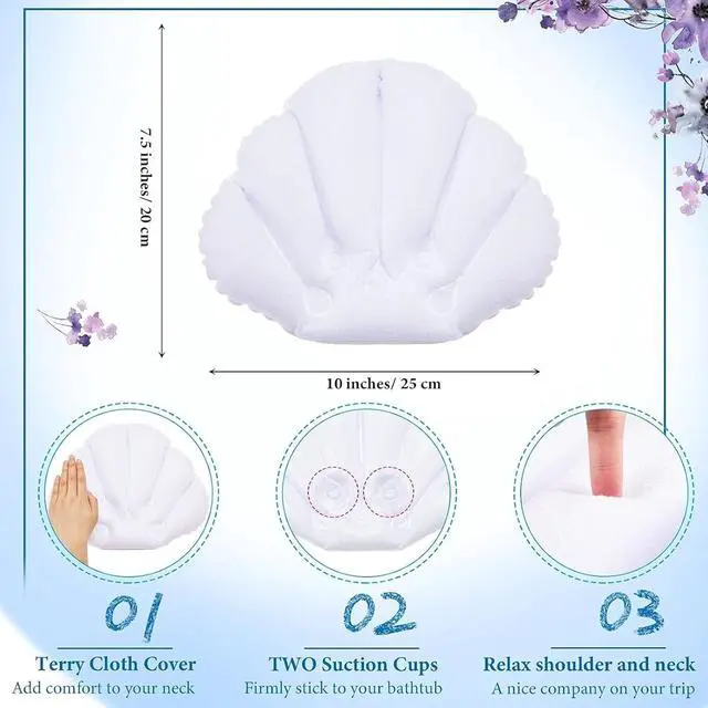 Alt view image 3 of 7 - Jetec 2 Pcs Inflatable Bath Pillow with Suction Cup Terry Cloth Covered Bath Pillow Shell Shape Bathtub Spa Pillows Comfortable Soft Cushion Neck Support Fits All Pool Bathroom Home Spa Hot Tub