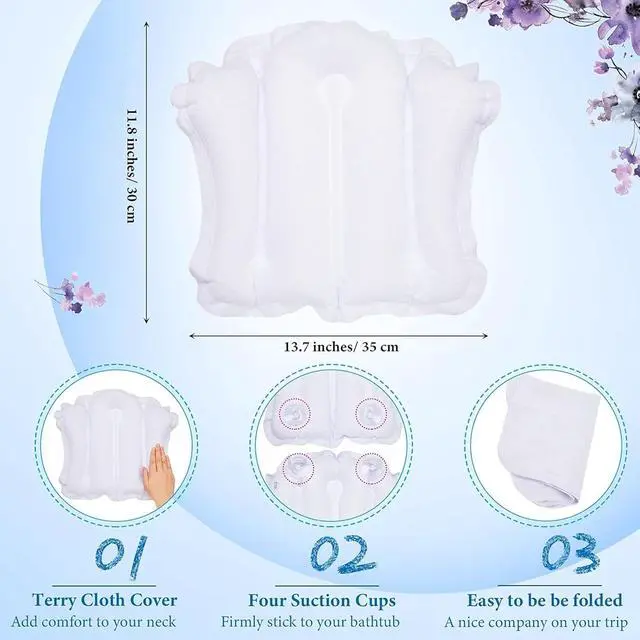 Alt view image 4 of 7 - Jetec 2 Pcs Inflatable Bath Pillow with Suction Cup Terry Cloth Covered Bath Pillow Shell Shape Bathtub Spa Pillows Comfortable Soft Cushion Neck Support Fits All Pool Bathroom Home Spa Hot Tub