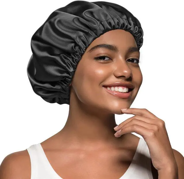 Alt view image 3 of 7 - Alnorm Satin Sleep Cap Double-Sided Adjustable Hair Bonnet for Girls Black