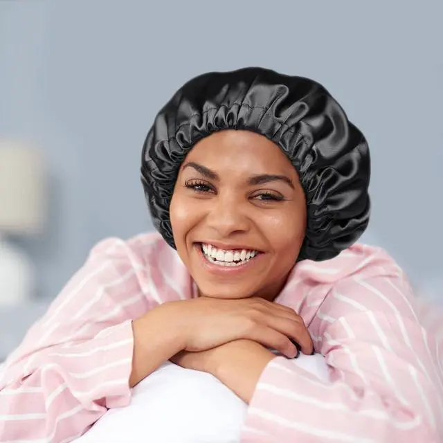 Alt view image 7 of 7 - Alnorm Satin Sleep Cap Double-Sided Adjustable Hair Bonnet for Girls Black