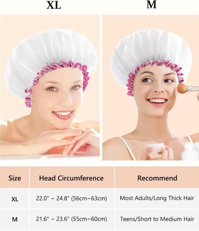 Alt view image 2 of 7 - mikimini White Shower Cap for Women Reusable Waterproof, Medium