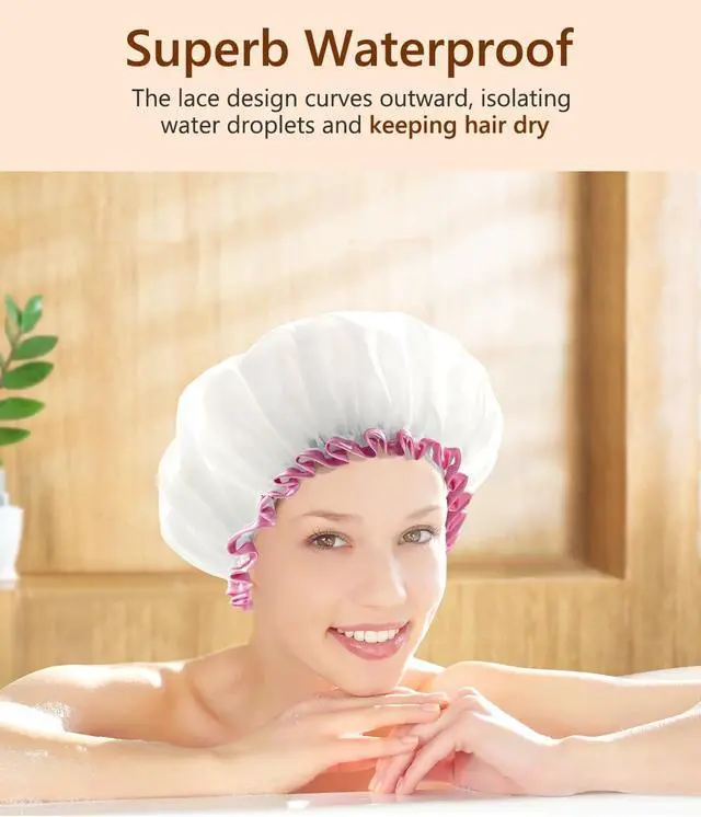Alt view image 4 of 7 - mikimini White Shower Cap for Women Reusable Waterproof, Medium