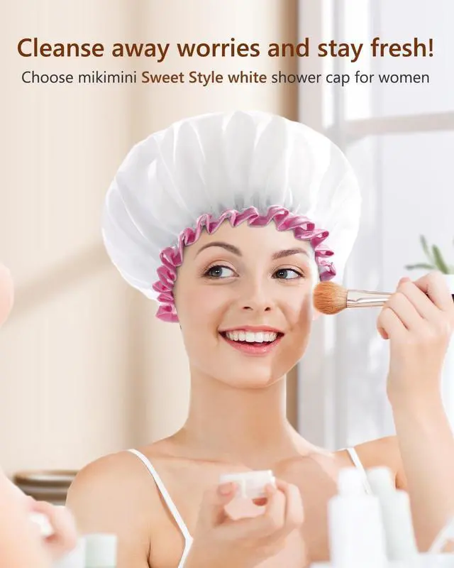 Alt view image 5 of 7 - mikimini White Shower Cap for Women Reusable Waterproof, Medium