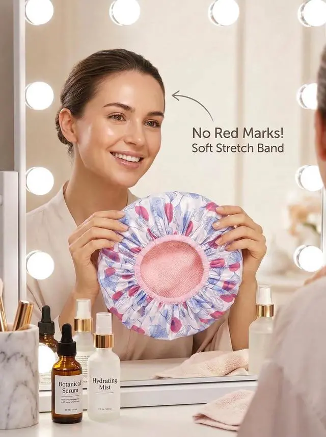 Alt view image 2 of 7 - Auban Shower Cap, Shower Cap for Women Terry Cloth Lined EVA Exterior Reusable Double Layer Waterproof, Large Bath Hair Cap, Hotel Travel Essentials Accessories Cleaning Supplies (Flower)