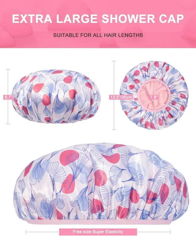 Alt view image 3 of 7 - Auban Shower Cap, Shower Cap for Women Terry Cloth Lined EVA Exterior Reusable Double Layer Waterproof, Large Bath Hair Cap, Hotel Travel Essentials Accessories Cleaning Supplies (Flower)