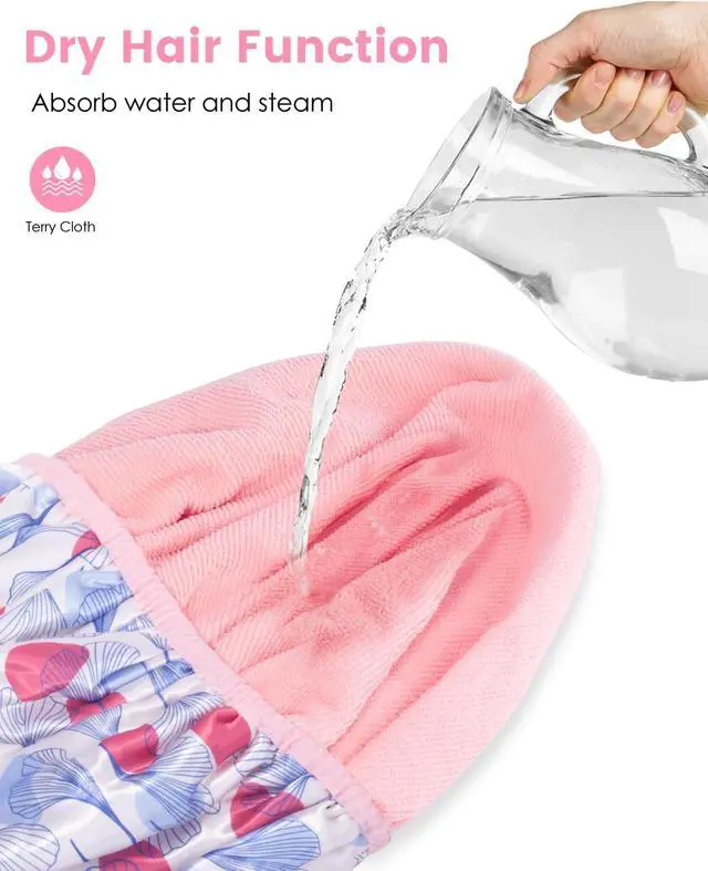 Alt view image 5 of 7 - Auban Shower Cap, Shower Cap for Women Terry Cloth Lined EVA Exterior Reusable Double Layer Waterproof, Large Bath Hair Cap, Hotel Travel Essentials Accessories Cleaning Supplies (Flower)