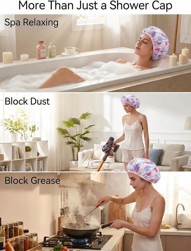 Alt view image 4 of 7 - Auban Shower Cap, Shower Cap for Women Terry Cloth Lined EVA Exterior Reusable Double Layer Waterproof, Large Bath Hair Cap, Hotel Travel Essentials Accessories Cleaning Supplies (Flower)
