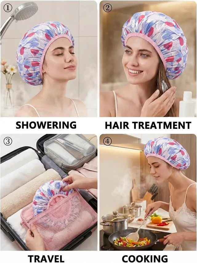 Alt view image 6 of 7 - Auban Shower Cap, Shower Cap for Women Terry Cloth Lined EVA Exterior Reusable Double Layer Waterproof, Large Bath Hair Cap, Hotel Travel Essentials Accessories Cleaning Supplies (Flower)