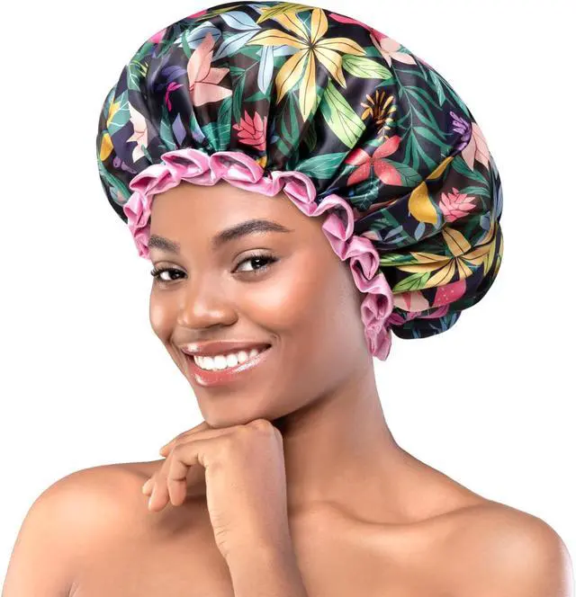 Main image of mikimini Shower Cap for Women Long Hair Reusable, Medium, Rainforest