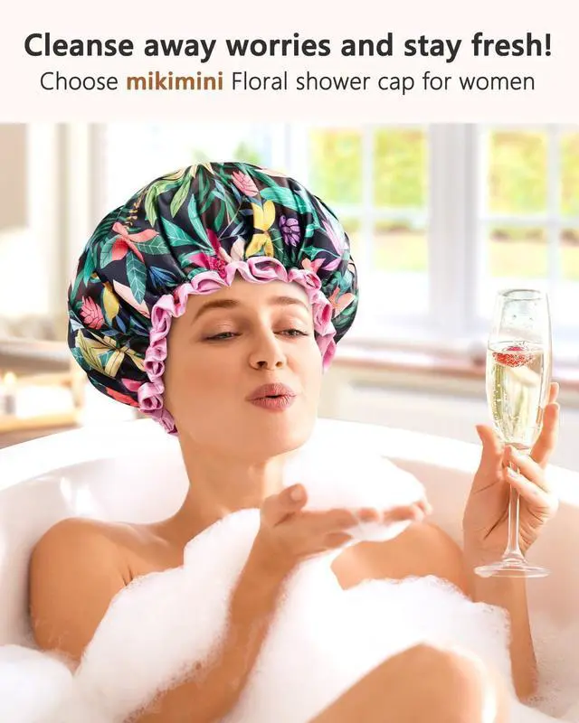 Alt view image 5 of 7 - mikimini Shower Cap for Women Long Hair Reusable, Medium, Rainforest