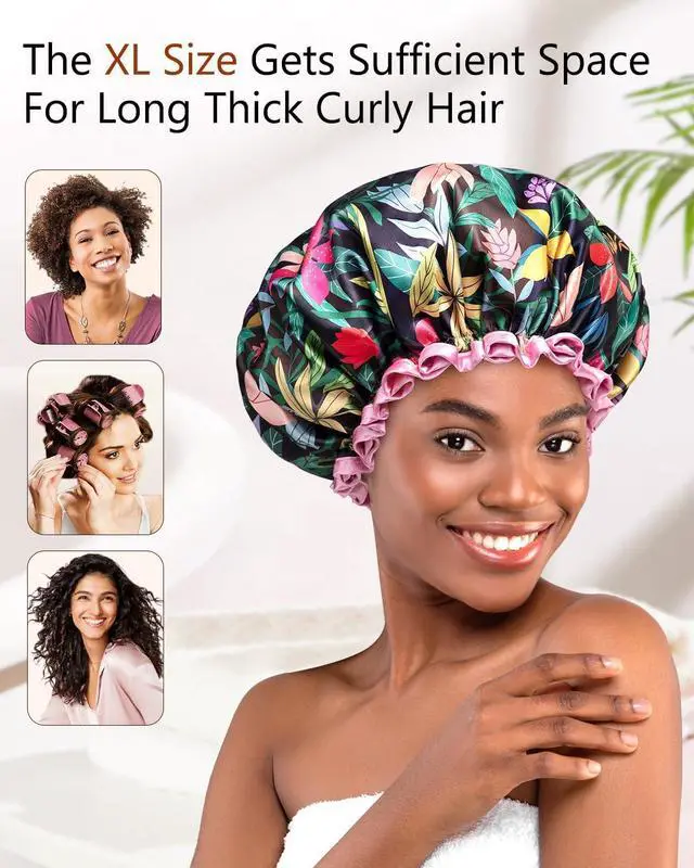 Alt view image 7 of 7 - mikimini Shower Cap for Women Long Hair Reusable, Medium, Rainforest