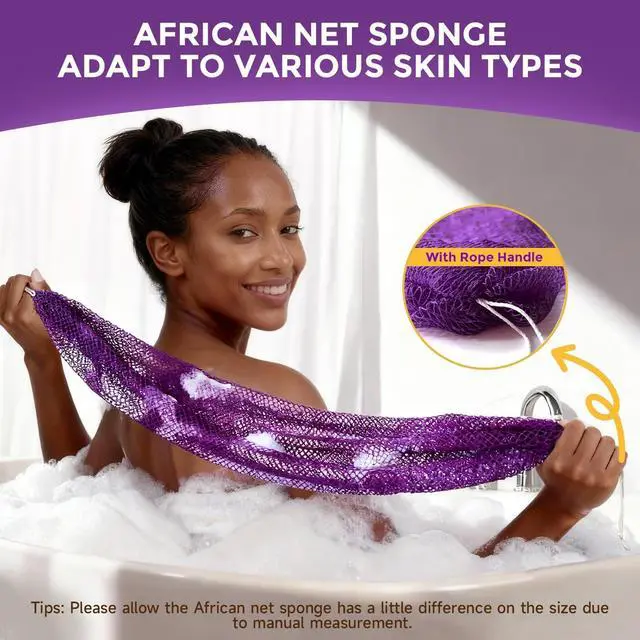Alt view image 2 of 7 - 2 Pieces African Net Sponge Authentic, Durable Back Scrubber Washcloth for Shower, Exfoliating Net Sponge for All Skin, Bathing Accessories for Women (2 Pack (Pink and Purple))
