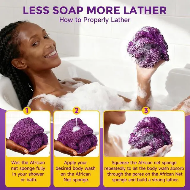 Alt view image 4 of 7 - 2 Pieces African Net Sponge Authentic, Durable Back Scrubber Washcloth for Shower, Exfoliating Net Sponge for All Skin, Bathing Accessories for Women (2 Pack (Pink and Purple))