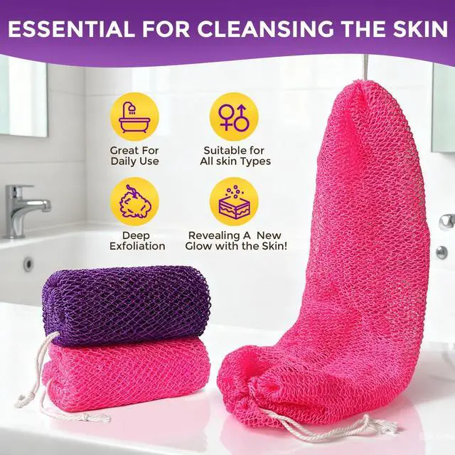 Alt view image 5 of 7 - 2 Pieces African Net Sponge Authentic, Durable Back Scrubber Washcloth for Shower, Exfoliating Net Sponge for All Skin, Bathing Accessories for Women (2 Pack (Pink and Purple))