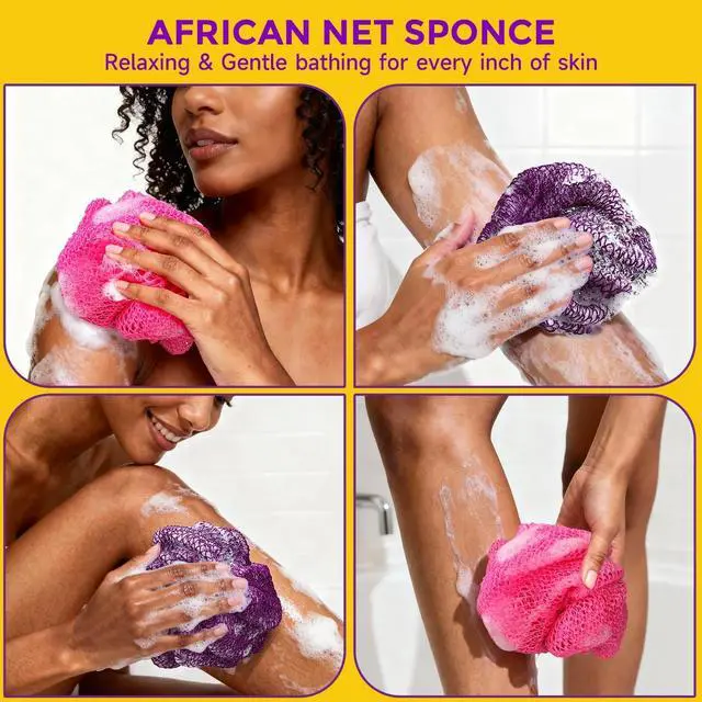 Alt view image 6 of 7 - 2 Pieces African Net Sponge Authentic, Durable Back Scrubber Washcloth for Shower, Exfoliating Net Sponge for All Skin, Bathing Accessories for Women (2 Pack (Pink and Purple))