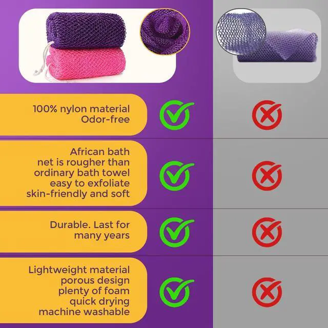 Alt view image 7 of 7 - 2 Pieces African Net Sponge Authentic, Durable Back Scrubber Washcloth for Shower, Exfoliating Net Sponge for All Skin, Bathing Accessories for Women (2 Pack (Pink and Purple))