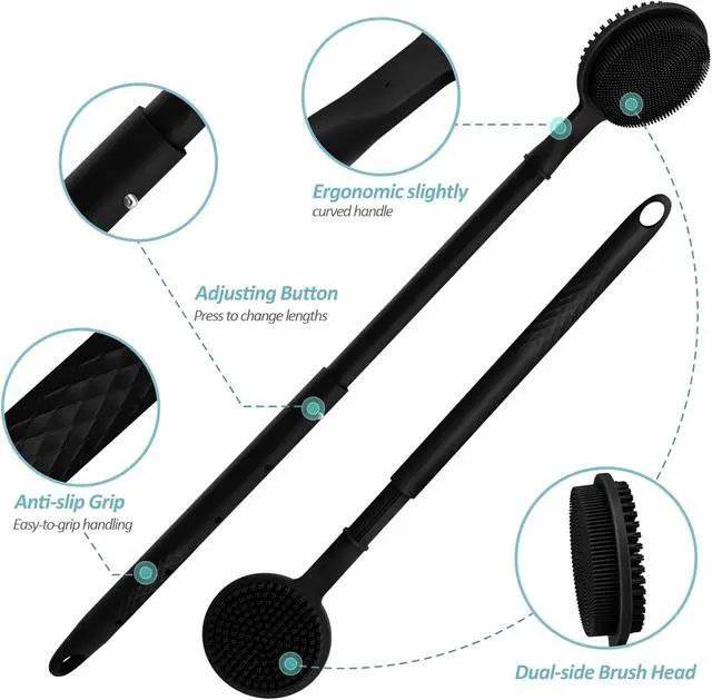Alt view image 3 of 7 - Silicone Back Scrubber & Soft Bath Glove 2PCS, 16''- 24'' Extendable Shower Scrubber with Dual-Side Head, 360° Anti-Slip & Hand-fit Silicone Body Scrubber for Rich Foaming Deep Cleaning(Black)