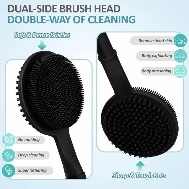 Alt view image 4 of 7 - Silicone Back Scrubber & Soft Bath Glove 2PCS, 16''- 24'' Extendable Shower Scrubber with Dual-Side Head, 360° Anti-Slip & Hand-fit Silicone Body Scrubber for Rich Foaming Deep Cleaning(Black)