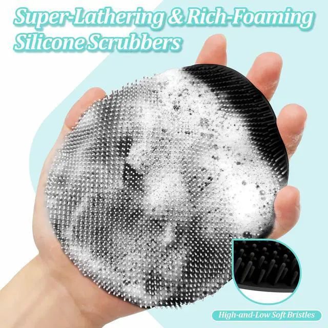 Alt view image 6 of 7 - Silicone Back Scrubber & Soft Bath Glove 2PCS, 16''- 24'' Extendable Shower Scrubber with Dual-Side Head, 360° Anti-Slip & Hand-fit Silicone Body Scrubber for Rich Foaming Deep Cleaning(Black)