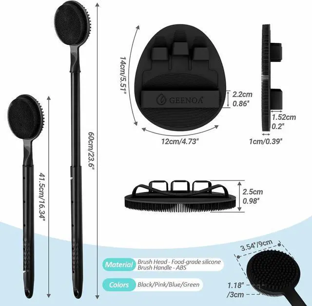 Alt view image 2 of 7 - Silicone Back Scrubber & Soft Bath Glove 2PCS, 16''- 24'' Extendable Shower Scrubber with Dual-Side Head, 360° Anti-Slip & Hand-fit Silicone Body Scrubber for Rich Foaming Deep Cleaning(Black)