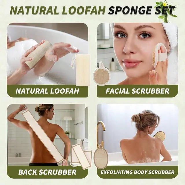 Alt view image 6 of 7 - DEBETOOL 4-Piece Natural Loofah Back Scrubber with Face Scrubber Pad