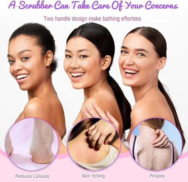 Alt view image 4 of 7 - 2 Pcs Exfoliating Shower Back Scrubber with Handles for Women, Pink,Purple
