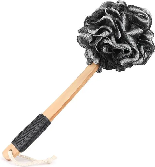 Main image of FORENEE Black Loofah on a Stick, PE Mesh Back Scrubber with Wood Handle