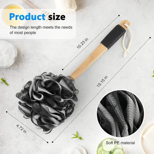 Alt view image 2 of 7 - FORENEE Black Loofah on a Stick, PE Mesh Back Scrubber with Wood Handle