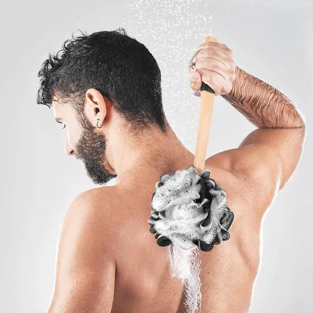 Alt view image 7 of 7 - FORENEE Black Loofah on a Stick, PE Mesh Back Scrubber with Wood Handle