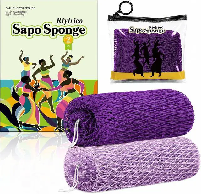 Main image of African Net Sponge for Shower, 2PCS Exfoliating Shower Sponge with Waterproof Travel Bag, Quick-Drying African Wash Cloth for Deep Cleansing & Smooth Skin (Deep Purple & Lavender Purple)