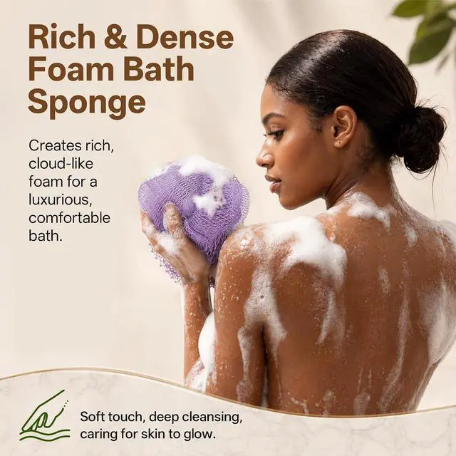 Alt view image 3 of 7 - African Net Sponge for Shower, 2PCS Exfoliating Shower Sponge with Waterproof Travel Bag, Quick-Drying African Wash Cloth for Deep Cleansing & Smooth Skin (Deep Purple & Lavender Purple)