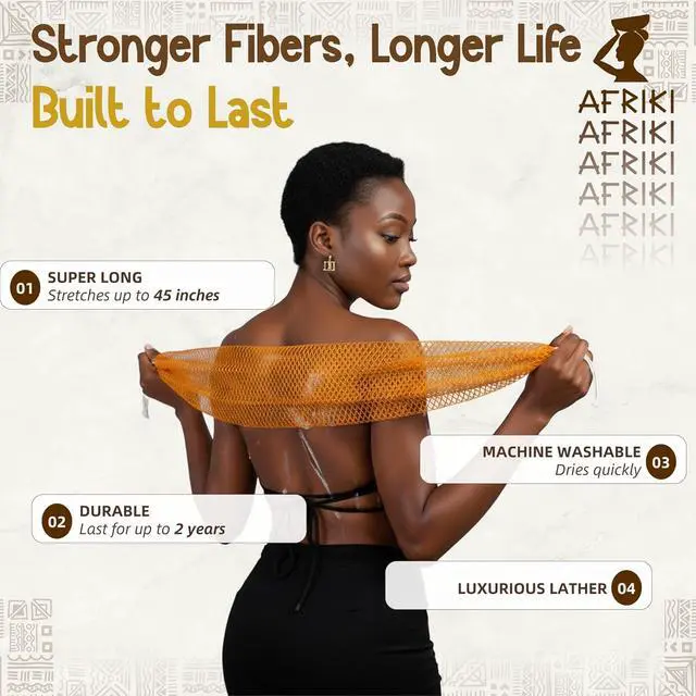 Alt view image 3 of 7 - African Net Sponge, Premium Authentic Exfoliating Body Scrubber, Extra Long Stretch Bath Sponge for Shower, Deep Exfoliating Washcloth for Smooth Skin, 1 Pack (Champagne Gold)