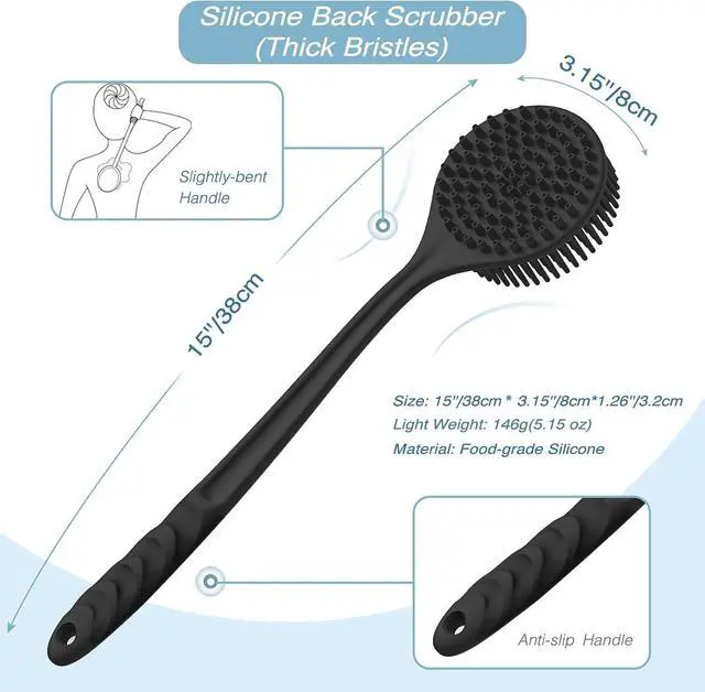 Alt view image 2 of 7 - Manmihealth Silicone Back Scrubber & Soft Bath Glove Set 2PCS Black