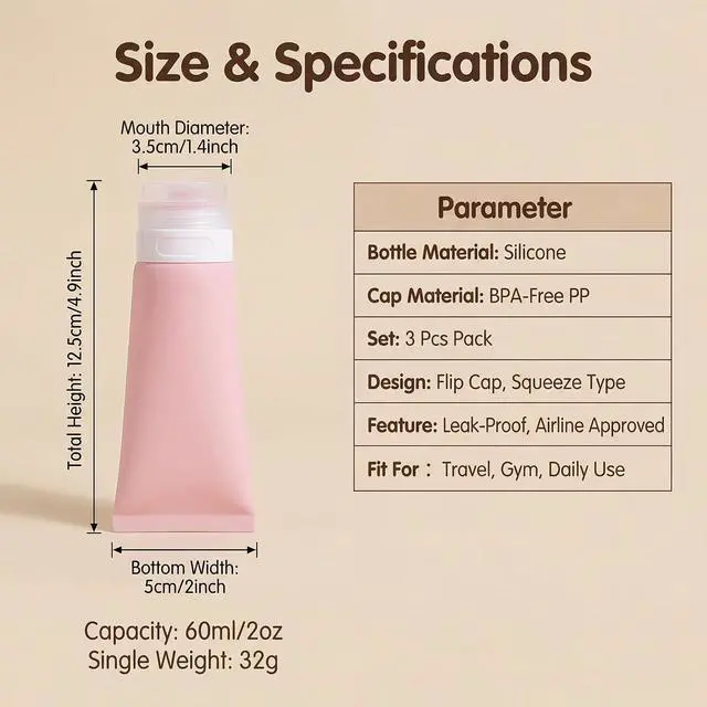 Alt view image 2 of 7 - 3PCS 60ml/2oz Empty Refillable Pink Soft Silicon Squeeze Tube Portable Travel Bottle Cosmetic Containers Storage Holder For Cream Lotion Facial Cleaner Shampoo Shower Gel Toiletries