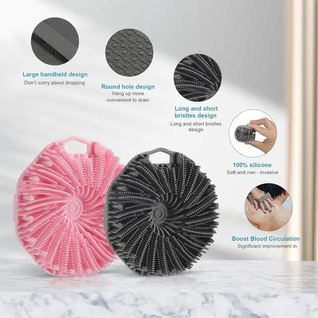 Alt view image 5 of 7 - 2Pcs Silicone Body Scrubber,Exfoliating Body Scrubbers for use in Shower,Silicone Body Brush for Showering and Anti-Slippery Handles for All Skin Types,Eco Friendly Shower Scrubber for BodyPink