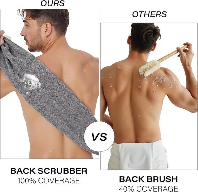 Alt view image 5 of 7 - Exfoliating Back Scrubber for Shower with Handles, Double-Sided Body Scrub Towel, Stretchable Extra Long Deep Cleaning Bath Cloth for Women and Men (Grey)