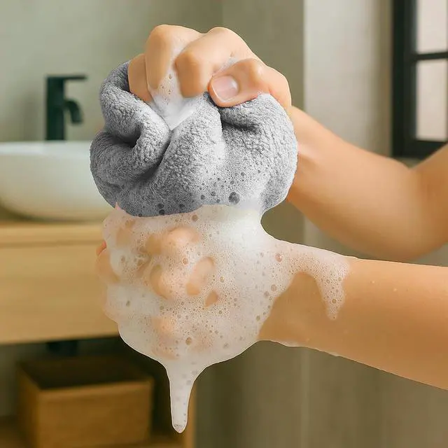 Alt view image 7 of 7 - Exfoliating Back Scrubber for Shower with Handles, Double-Sided Body Scrub Towel, Stretchable Extra Long Deep Cleaning Bath Cloth for Women and Men (Grey)