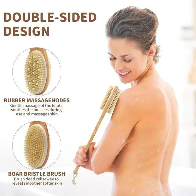 Alt view image 2 of 7 - Back Scrubber for Shower, Shower Brush Long Handle with Boar Bristle and Massage Nodes, Exfoliating Body Scrubber for Lymphatic Drainage, Cellulite & Blood Circulation
