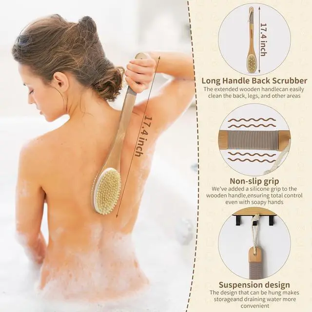 Alt view image 4 of 7 - Back Scrubber for Shower, Shower Brush Long Handle with Boar Bristle and Massage Nodes, Exfoliating Body Scrubber for Lymphatic Drainage, Cellulite & Blood Circulation